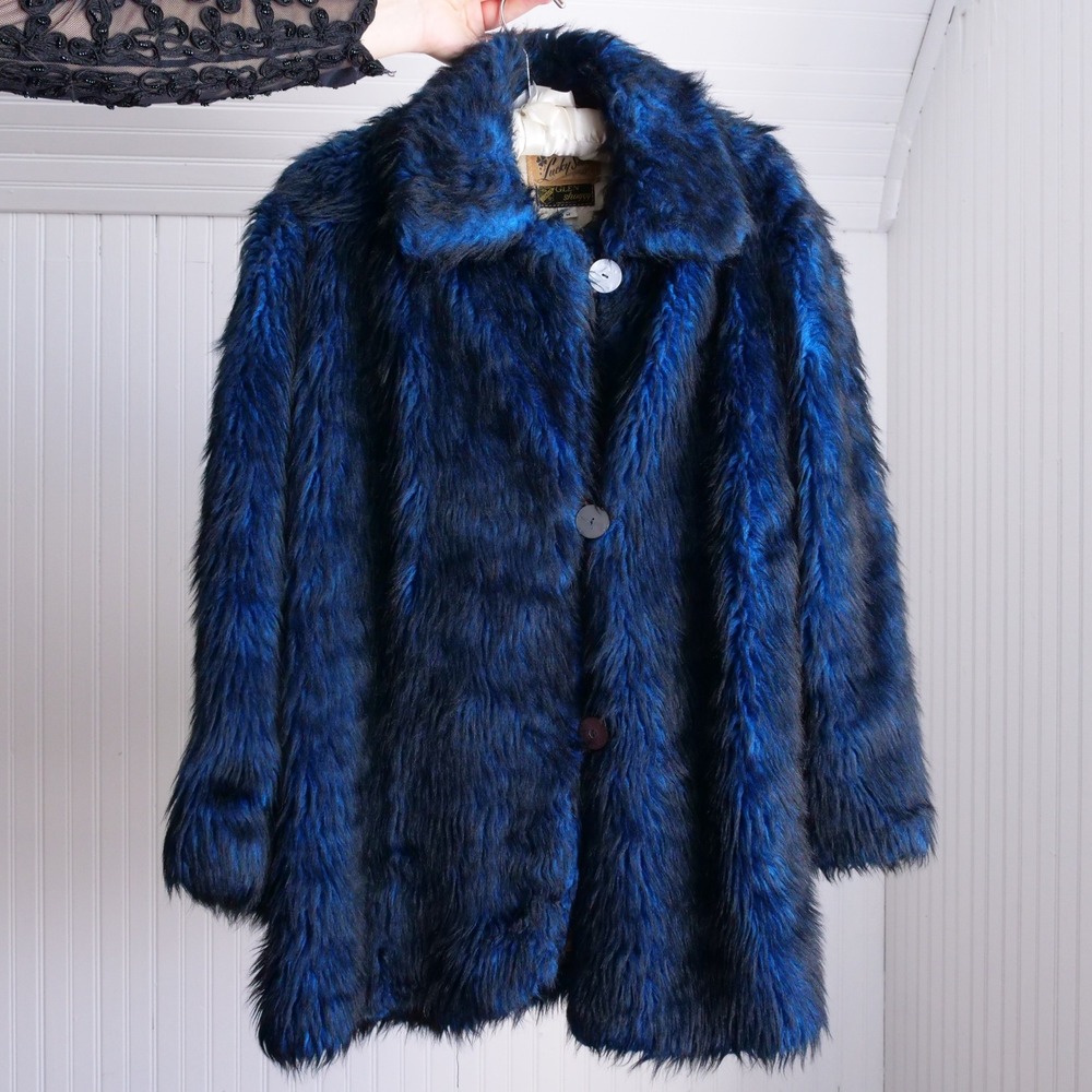 RARE fun vintage 60s mod Lucky Star blue/black faux fur Glen Shaggy peacoat